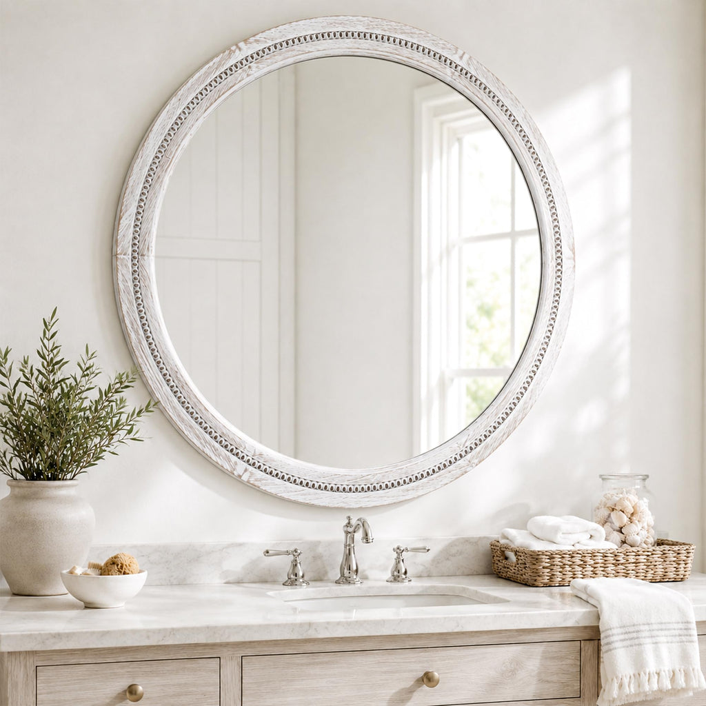 Solid Wood 36 Inch Round Beaded Wall Decor Mirror, Distressed White