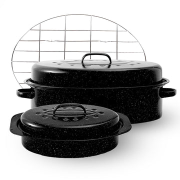 Enamel Roaster Pan With Lid and Rack Set 13"19"Granite Roasting Pans, Oval Large Turkey Baking Pan Suitable for