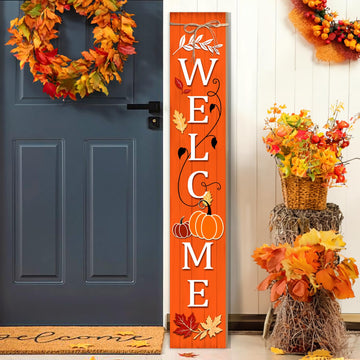Pumpkins Welcome Porch Sign, Fall Wooden Sign for Front Porch, Sign Yard with Linen Bows, Thanksgiving Vertical Wood