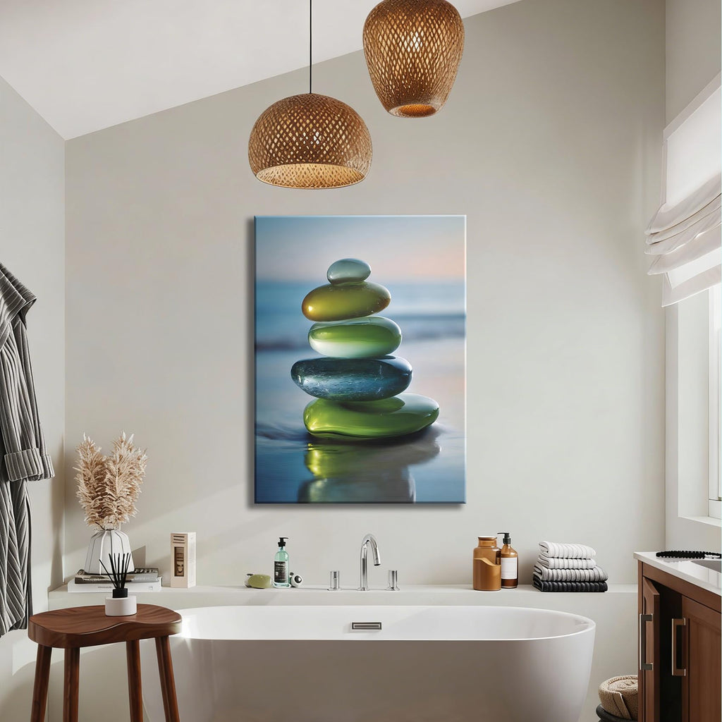 Framed Stacked Glossy Beach Stone Canvas Art, Soft Ocean Background Canvas Prints Pictures, relaxing wall decor