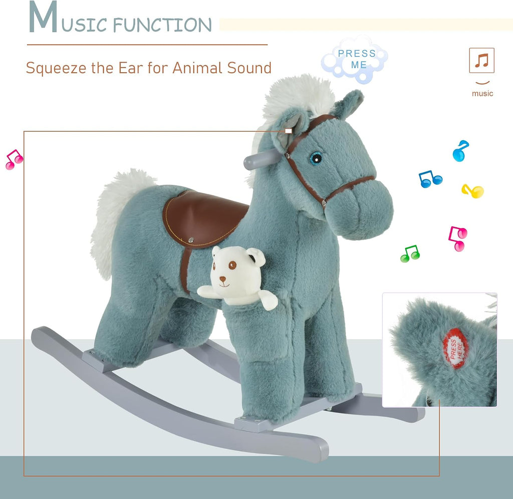 Kids Rocking Horse with Bear Toy Fun Realistic Sounds Toddler Blue