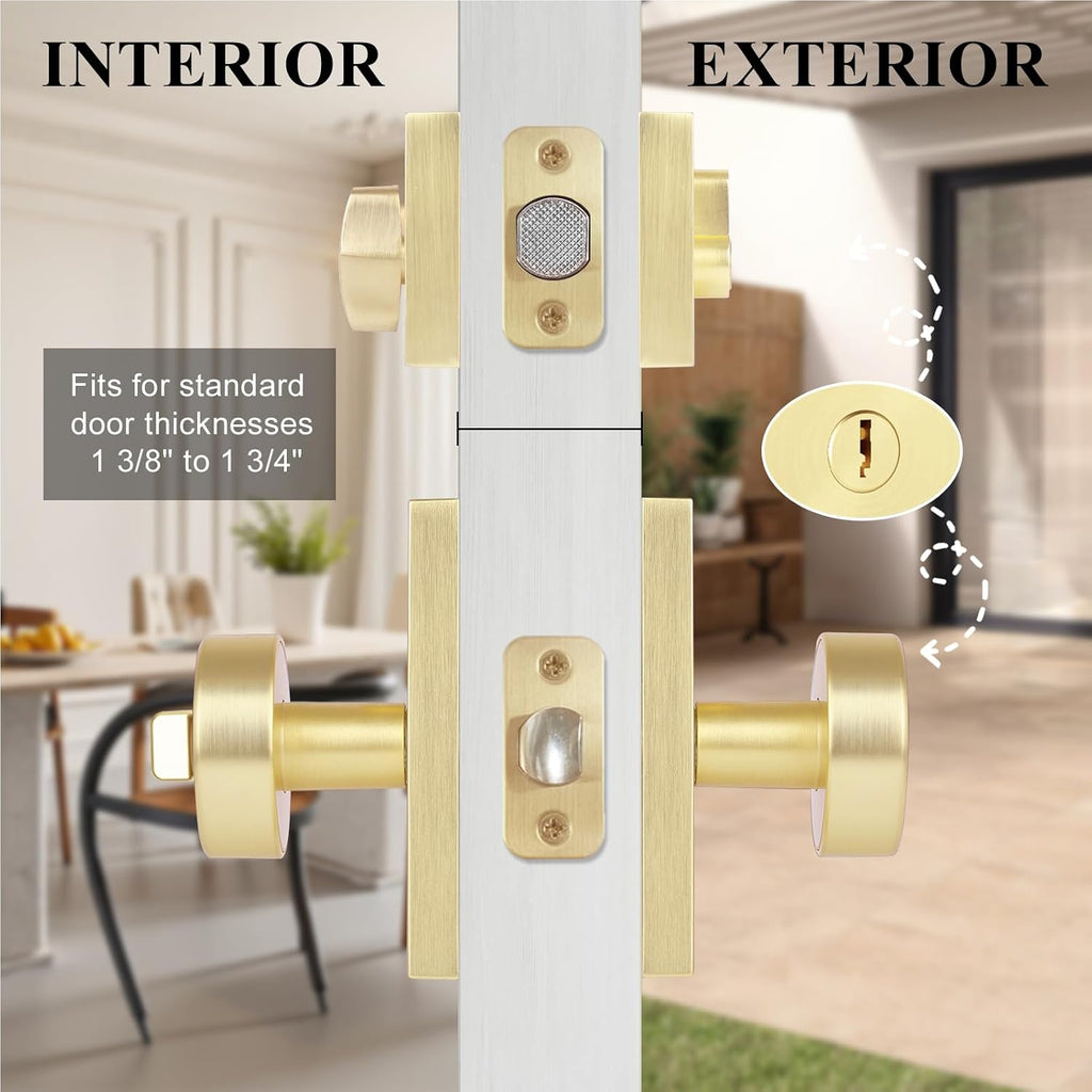 Brushed Gold Brass Exterior Door Knob with Deadbolt and Key