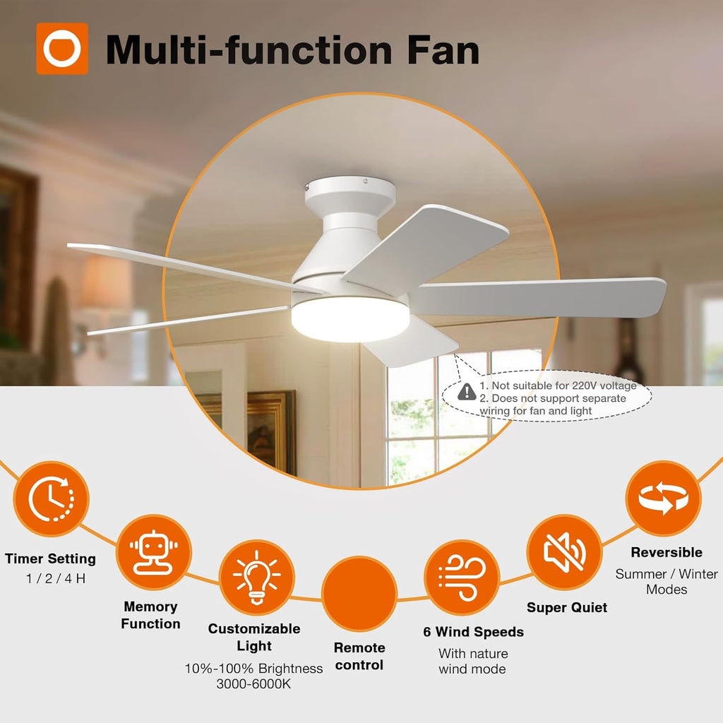 Ceiling Fans with Lights, 42 Inch Low Profile Ceiling Fan with Light And Remote Control, Flush Mount, Reversible, 3CCT, Dimmable, Quiet, White Small Ceiling Fan for Bedroom Indoor/Outdoor Use A103-B0CLNM7VLQ