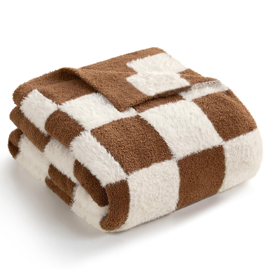 Brown Checkered Throw Blanket Faux Fur Microfiber Blankets for Couch, Cozy Soft Warm Blanket for Sofa Bedroom Living