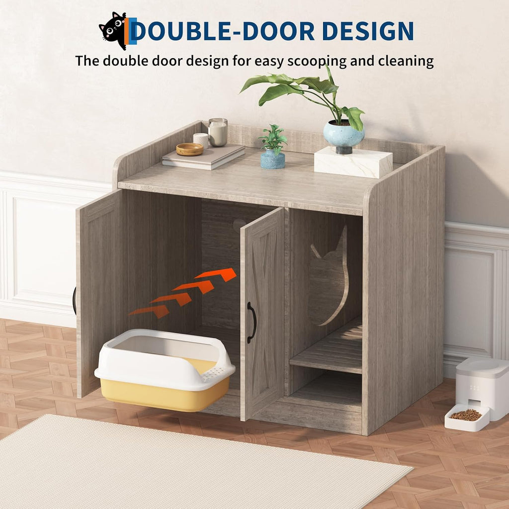 Cat Litter Box Enclosure, Hidden Litter Box Furniture with Divider, Indoor Cat House, Wooden Cat Washroom Storage