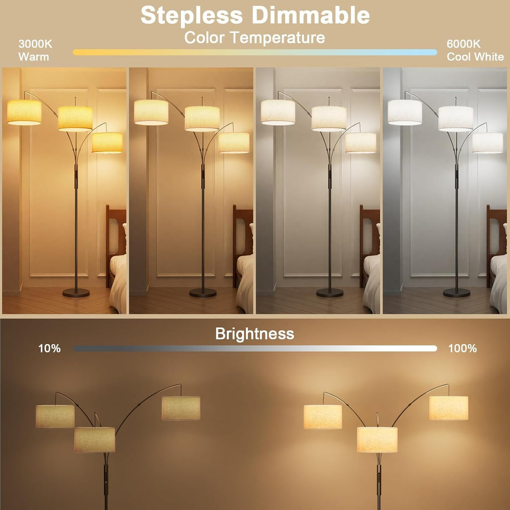36W Corner Floor Lamp Dimmable - 3 Lights Arc Floor Lamps Standing Lamp with Remote & Touch Control, Tall Lamp Corner