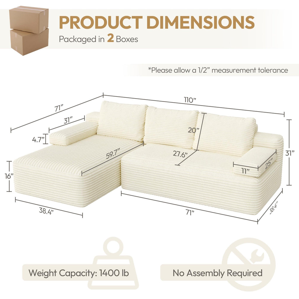 110" Sectional Sofa Boneless Couch with Chaise, Beige