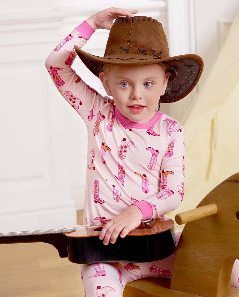 Bamboo Viscose Toddler Girls Kids Pajamas Pinky Boots Pjs Long Sleeve Snug fit 2pcs Soft Jammies