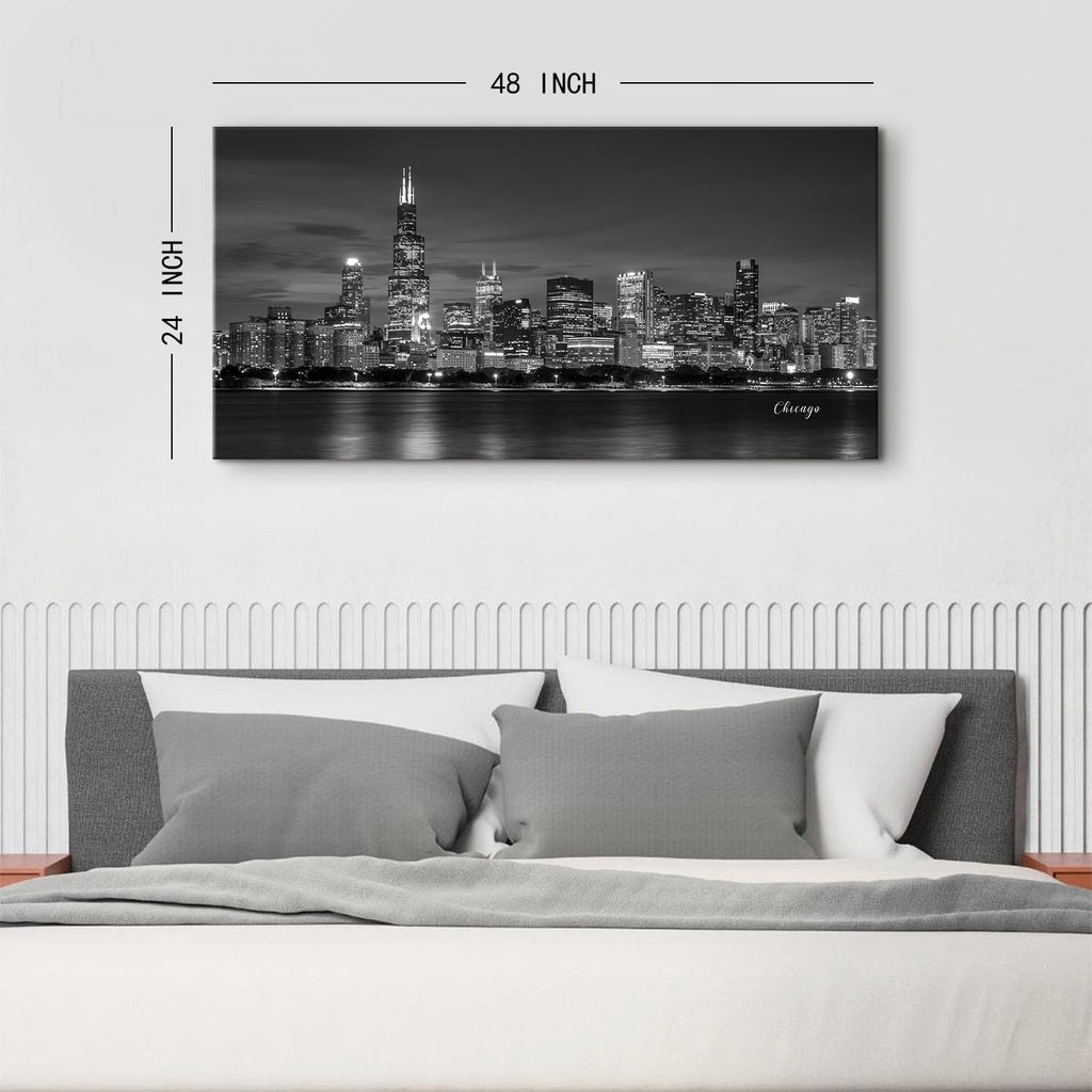 Chicago Skyline Wall Black and White City Canvas Prints Modern Cityscape Painting Posters Chicago City Center Night