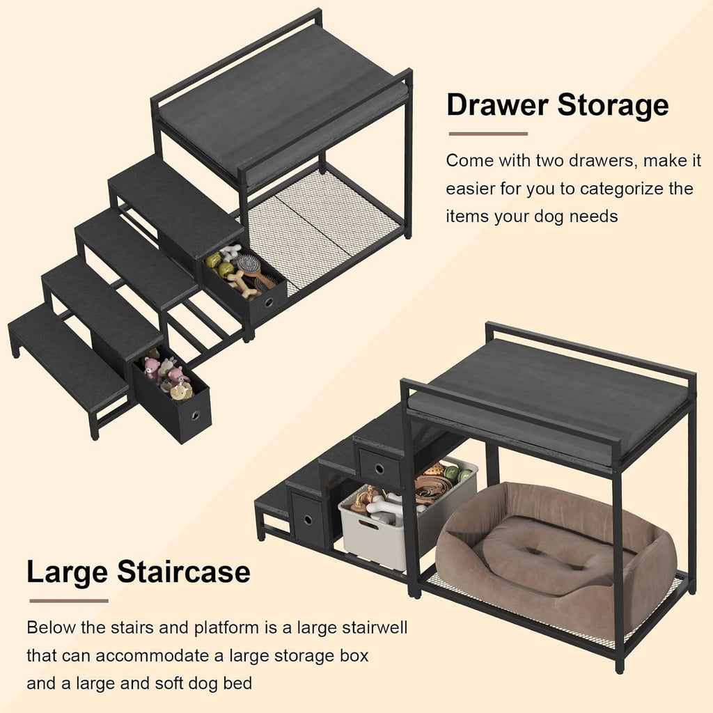 Pet Bunk Bed with Removable Stairs and 2 Drawers, Dogs/Cats Window Perch, Dog Window Seat with Soft Cushion