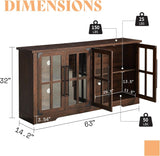 Farmhouse 63" Buffet Sideboard Cabinet with Glass Door, Large Storage Cabinet with Adjustable Shelf