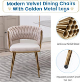 KCC Modern Velvet Dining Chairs Set of 2, Upholstered Living Room Chair with Woven Back and Golden Metal Legs