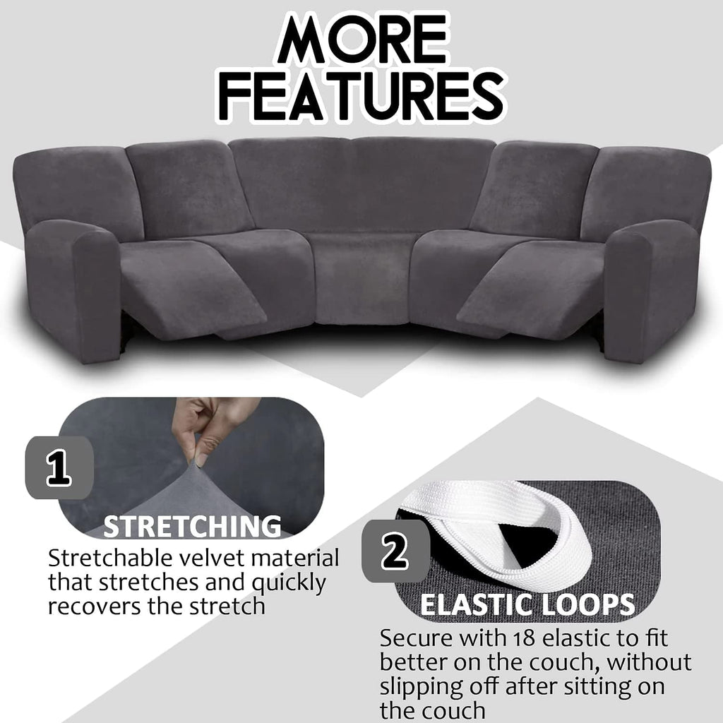 7-Piece Velvet Stretch Reclining Couch Covers 5 Seats Corner Sofa Cover L Shape Sectional Recliner Sofa Covers for