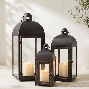 Lanterns Decorative Outdoor & Indoor, Set of 3 Outdoor Lanterns for Porch, 23" Large Candle Lantern, Bronze Metal