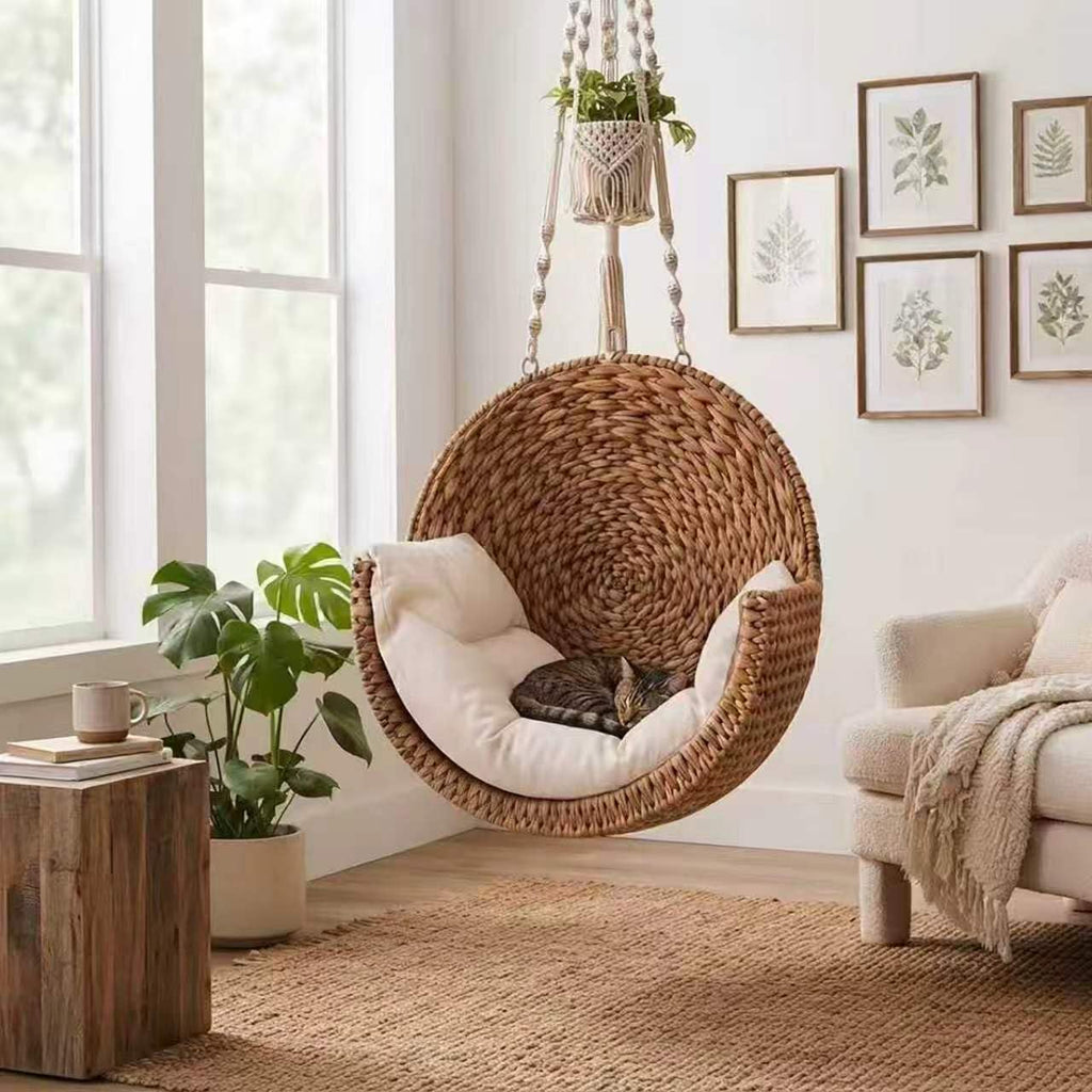Hanging Cat Bed - Woven Rattan Wall-Mounted Pet Hammock with Soft Cushion