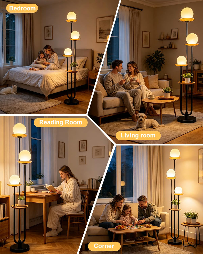 Black Floor Lamp Dimmable with Amber Glass Tray Tall Lamp