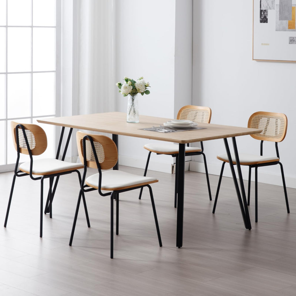 Mid-Century Modern Rattan Cane Back Dining Chairs Set of 2 - PU Leather Upholstered Seat, Black Metal Legs, Kitchen