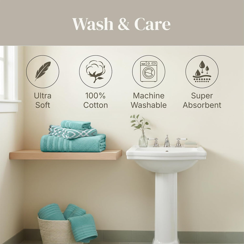 6 Piece Bath Towel Set - Bathroom Set with 2 Bath Towels, 2 Hand Towels, and 2 Wash Cloths - 100% Cotton, Super