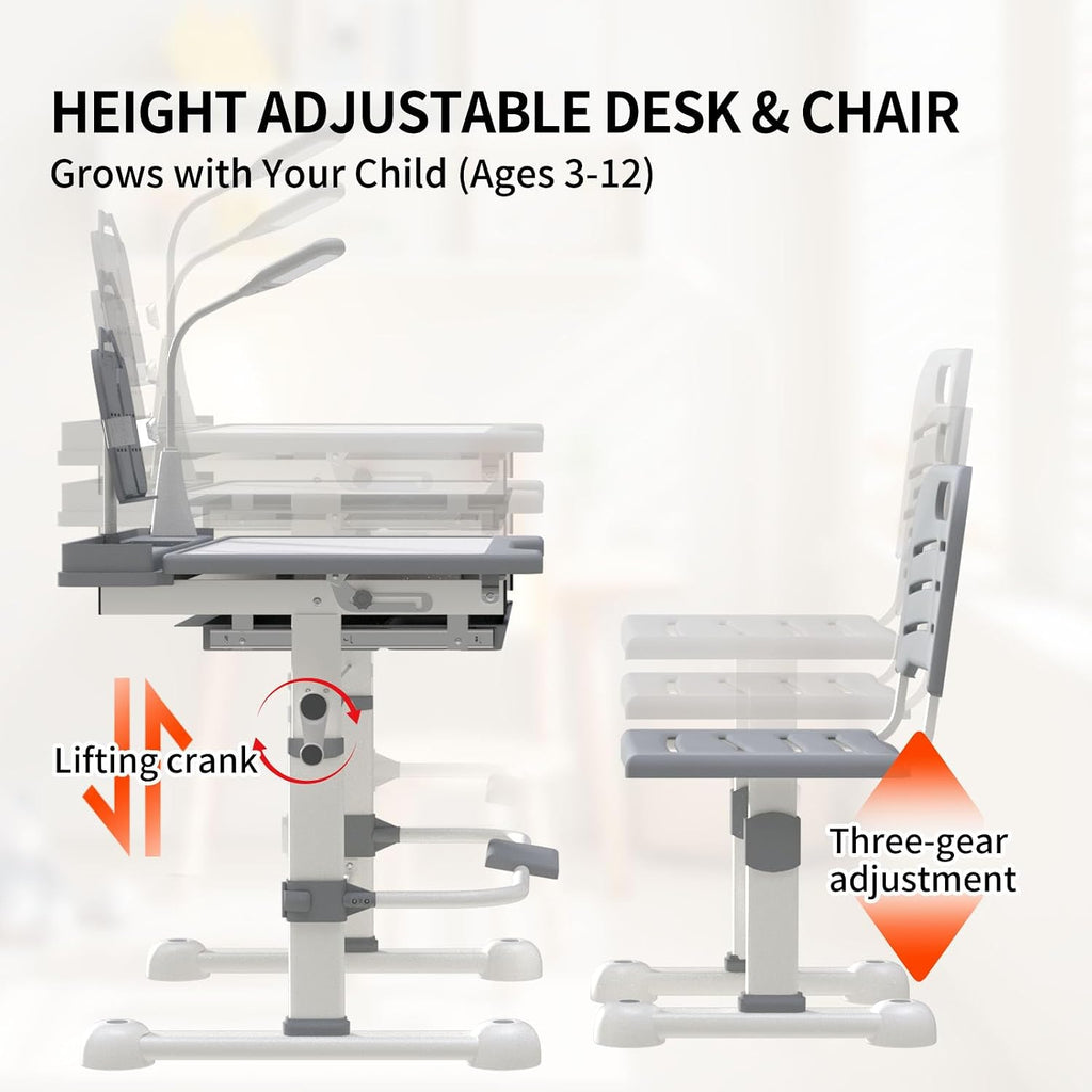 Adjustable Kids Study Desk and Chair Set, 55 Inch Tilt Tabletop