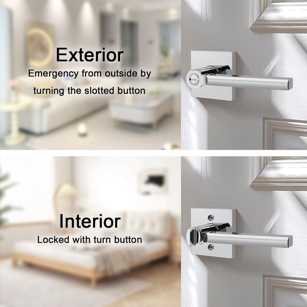 5 Packs Polished Chrome Door Handles Interior Door knob Privacy Lever Square Keyless Lock Right & Left Side Door Lock
