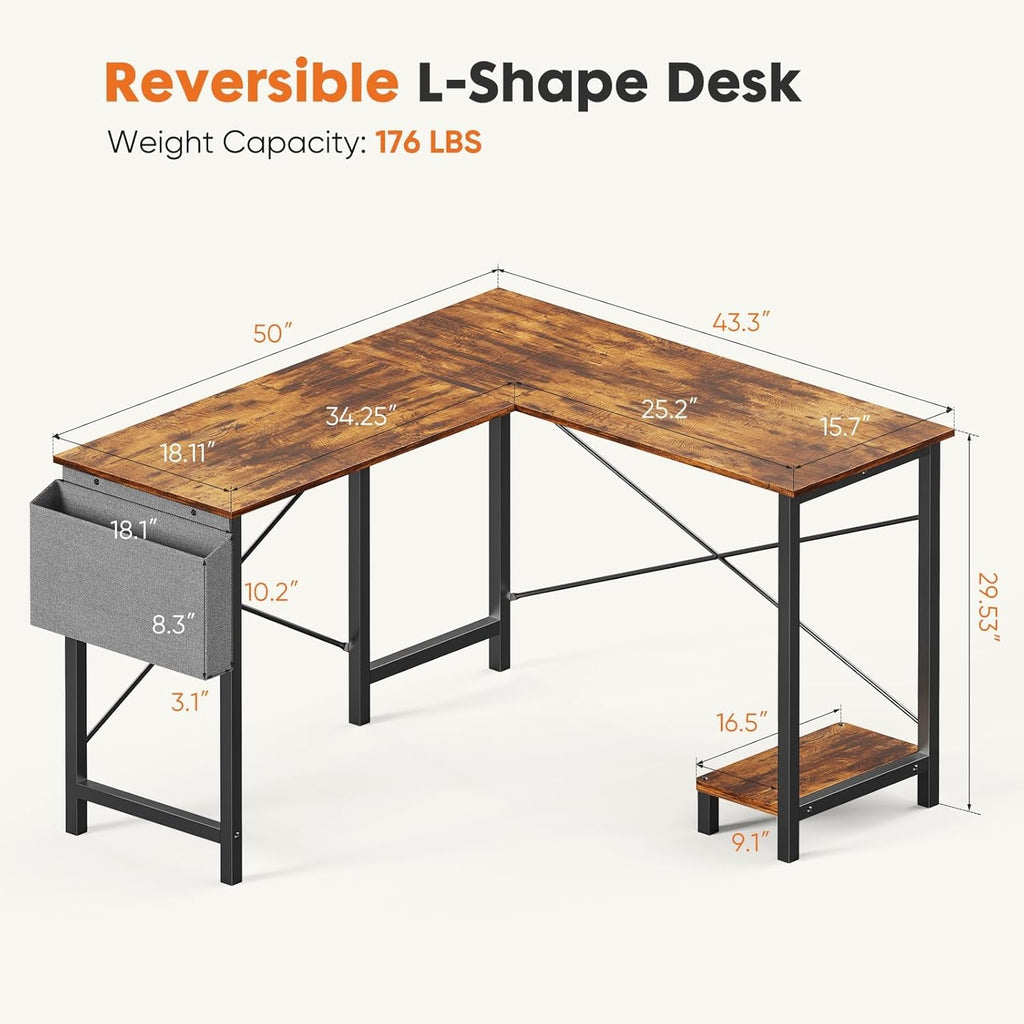 L Shaped Desk Computer Gaming Corner Table 51 Inch Home Office Writing Student Work PC Workstation with Side Storage
