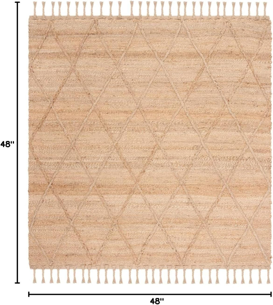 Natural Fiber Collection Area Rug - 4' Square, Natural, Farmhouse Rustic Moroccan Trellis Braided Tassel Jute Design