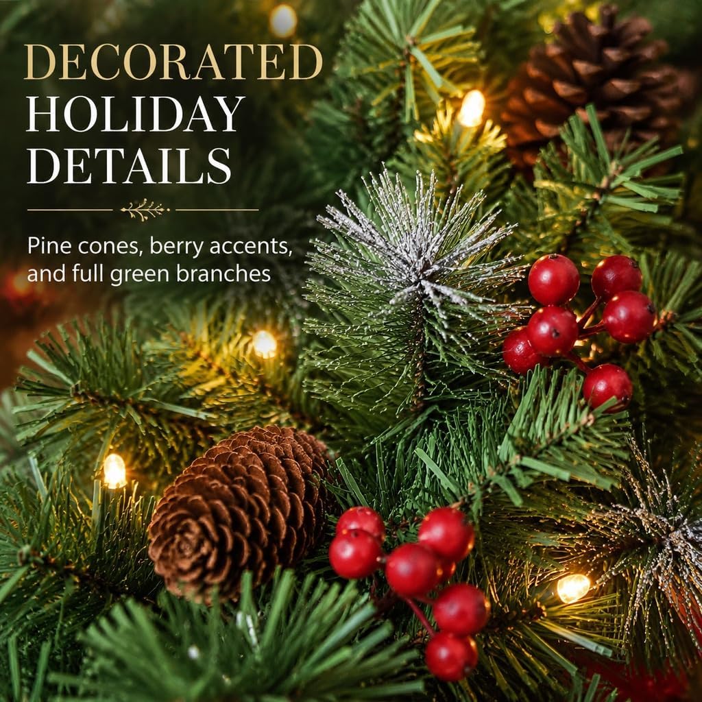 Pre-Lit Artificial Christmas Garland, 9 Feet, 50 Warm White Lights, Decorated with Pine Cones and Berry Clusters