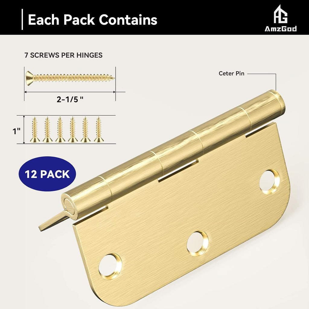 Interior Door Hinges 3.5" with 5/8" Radius Corners, Satin Brass, 12 Pack