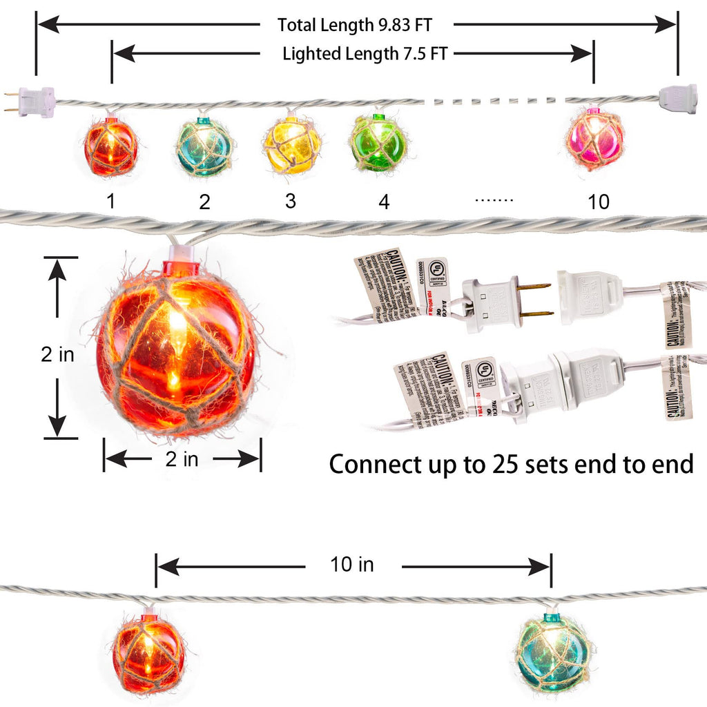 Tiki Lights Nautical Fishing Float Buoy String Lights, 9.8FT 10 Multicolor Mini Lantern Buoy Lights Plug in, UL