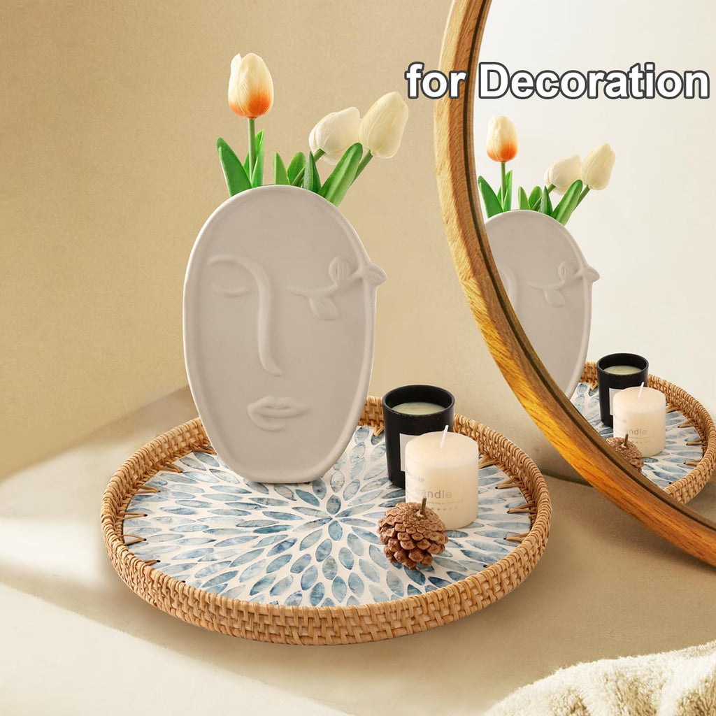 Round Rattan Tray with Mother of Pearl Inlay, Rattan Serving Tray for Coffee, Bread, Fruits, Decorative Wicker Tray