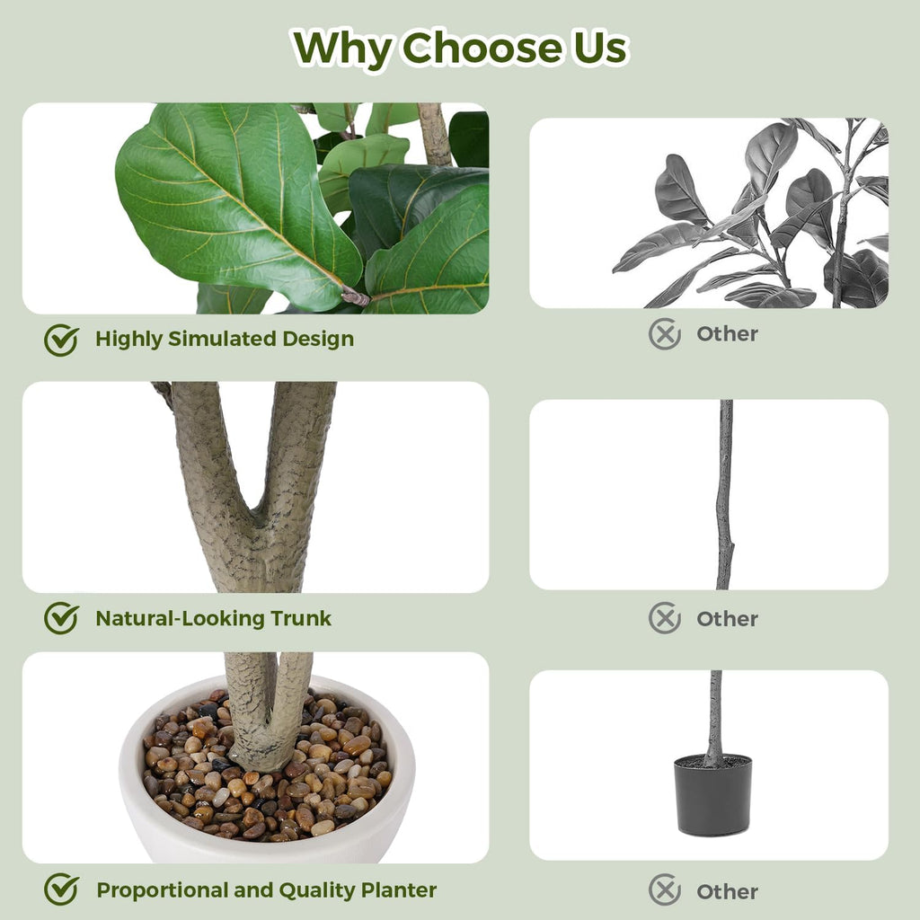 Artificial Fiddle Leaf Tree, 7ft Faux Plant Fake Ficus Lyrata Trees with White Planter - Perfect Indoor Home Decor