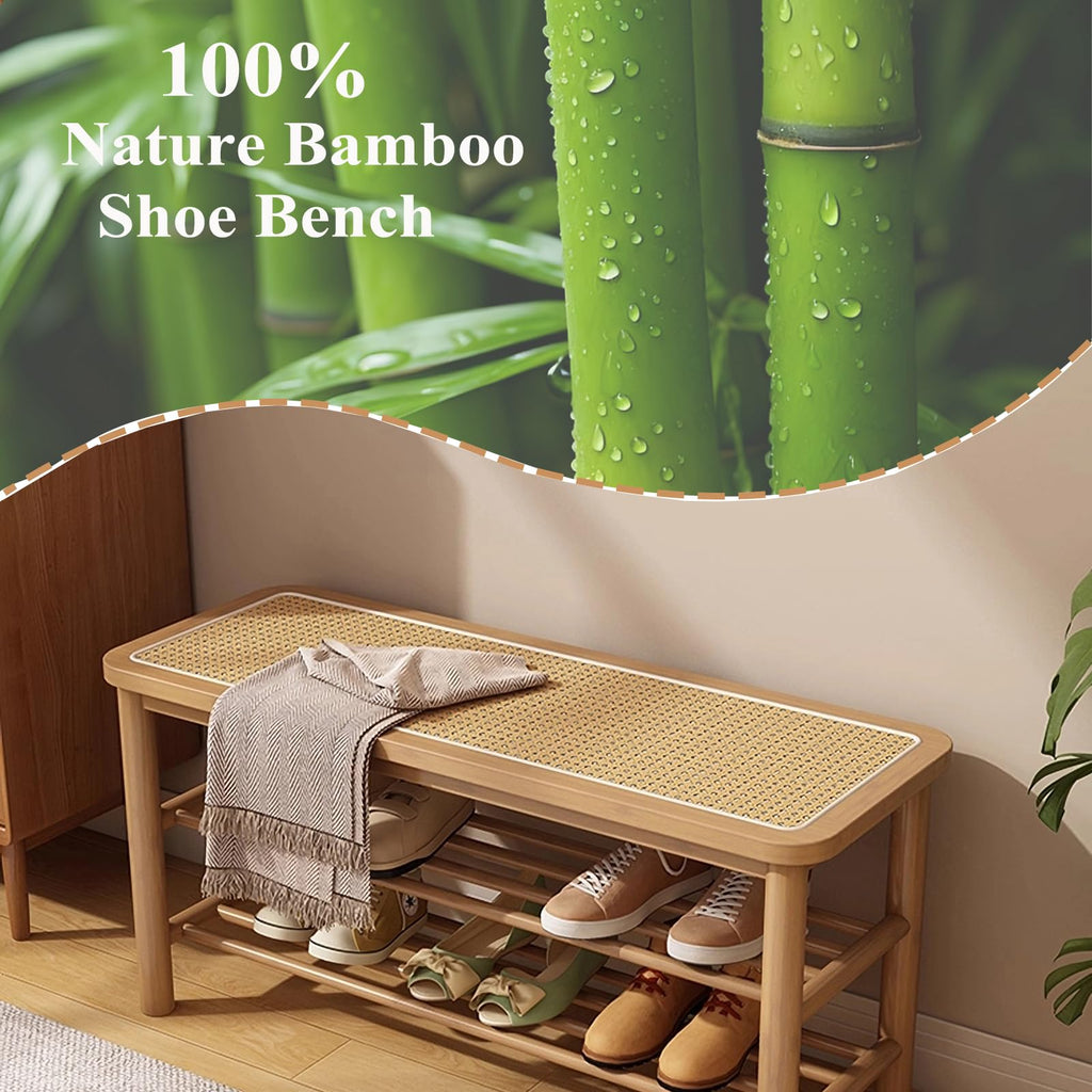 Bamboo Shoe Rack Bench with Rattan Seat, 3-Tier Shoe Storage Bench, Entryway Bench, Nature-39.4 inches