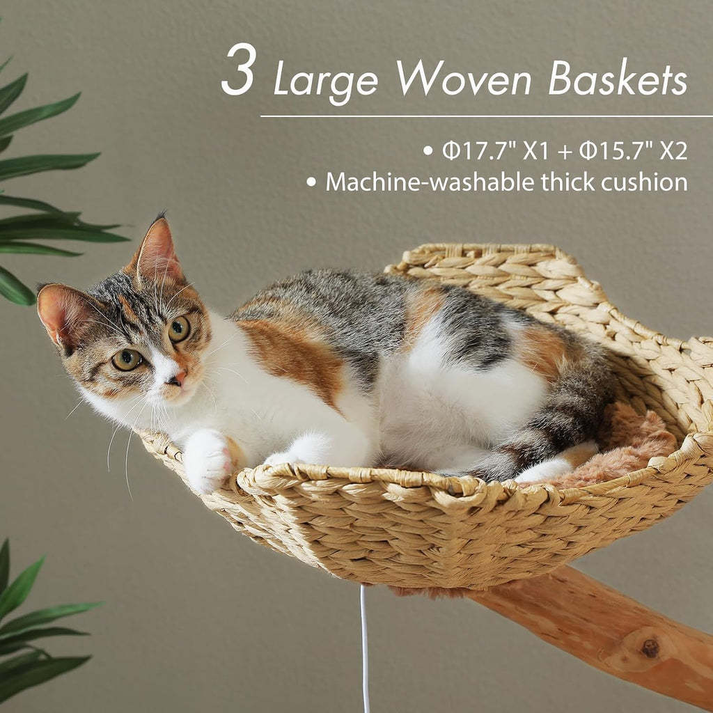 Modern Cat Tree with Real Wood&Wicker Basket for Large Cats Brown