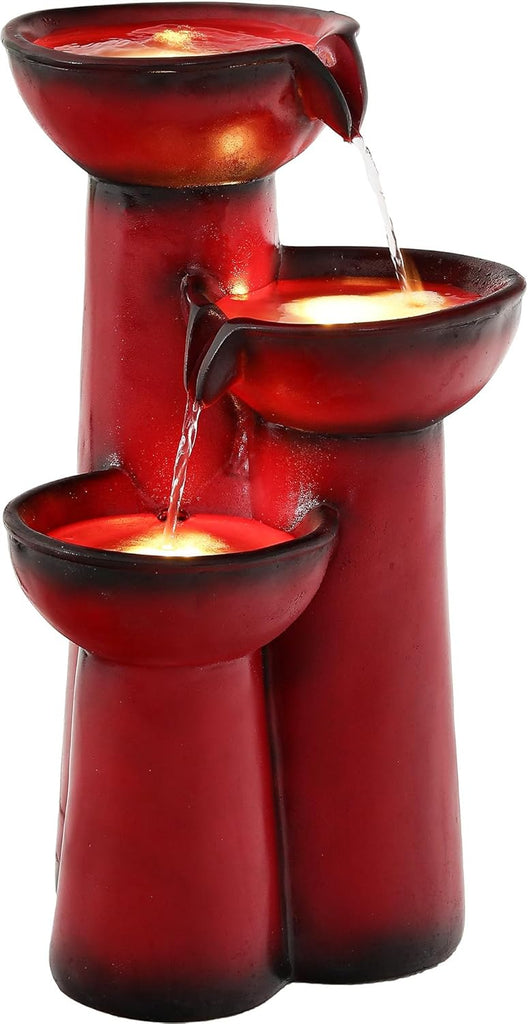 27" Outdoor Water Fountain with LED Lights, 3-Tier Cascading Faux Ceramic Column Water Feature with Pump Patio