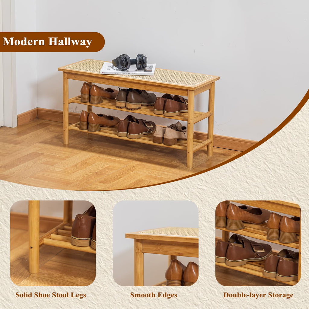 Bamboo Entryway Bench with Woven Rattan Seat, 2-Tier Shoe Storage Bench 31.5 inches Nature