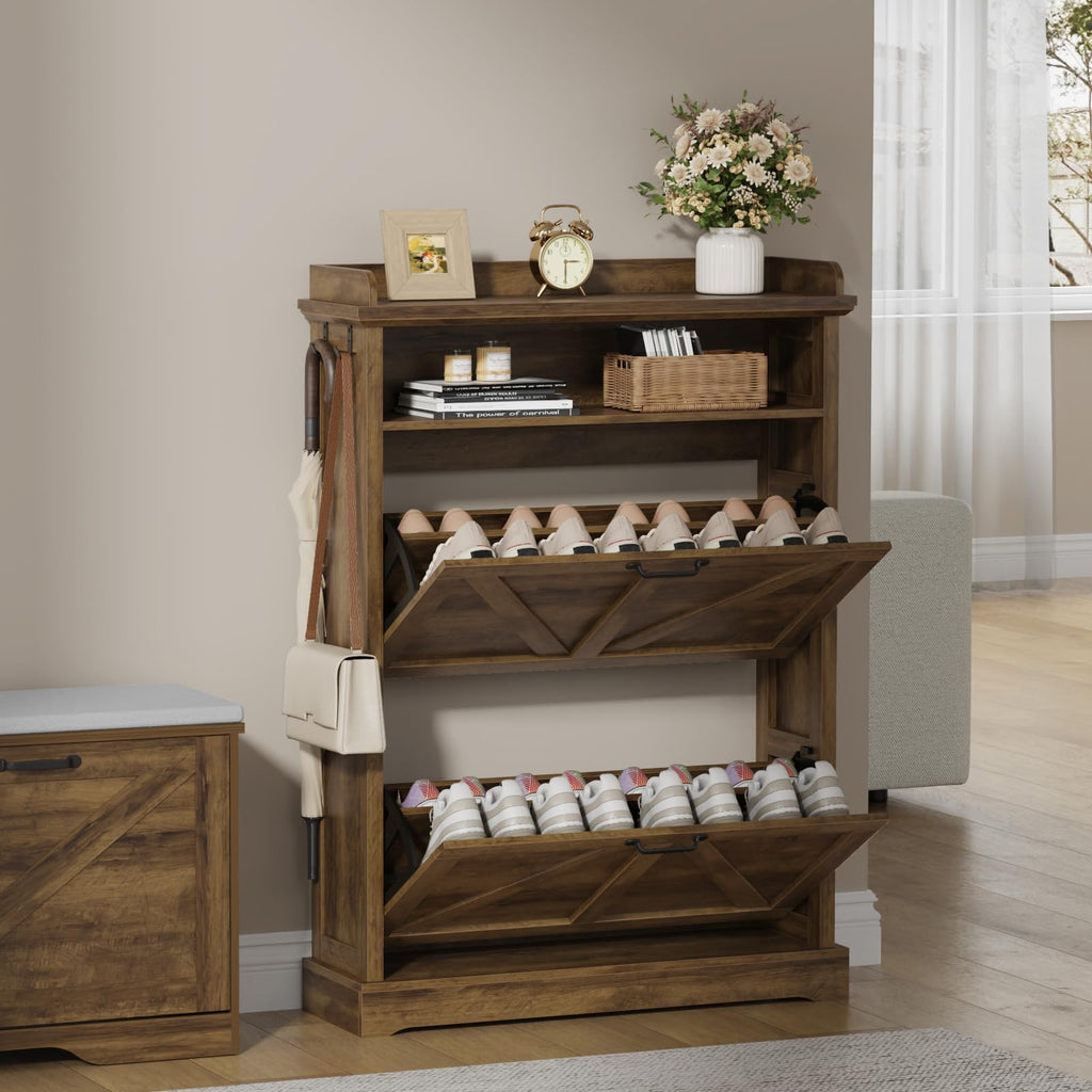 Farmhouse 31.5" W Shoe Cabinet with 2 Flip Drawers & Open Storage, Walnut