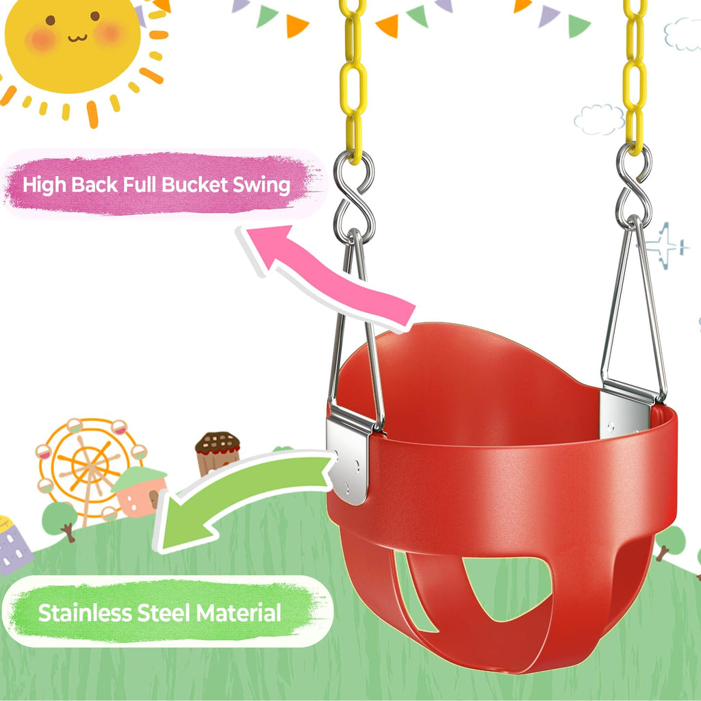 High Back Full Bucket Toddler Swing Seat with Coated Chains, Red