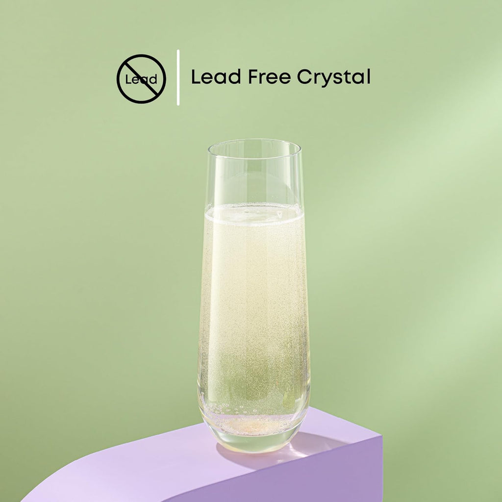 Milo Stemless Champagne Flutes Set of 8 Crystal Glasses. 9.5oz Prosecco Wine Flute, Mimosa Glasses, Cocktail Glass