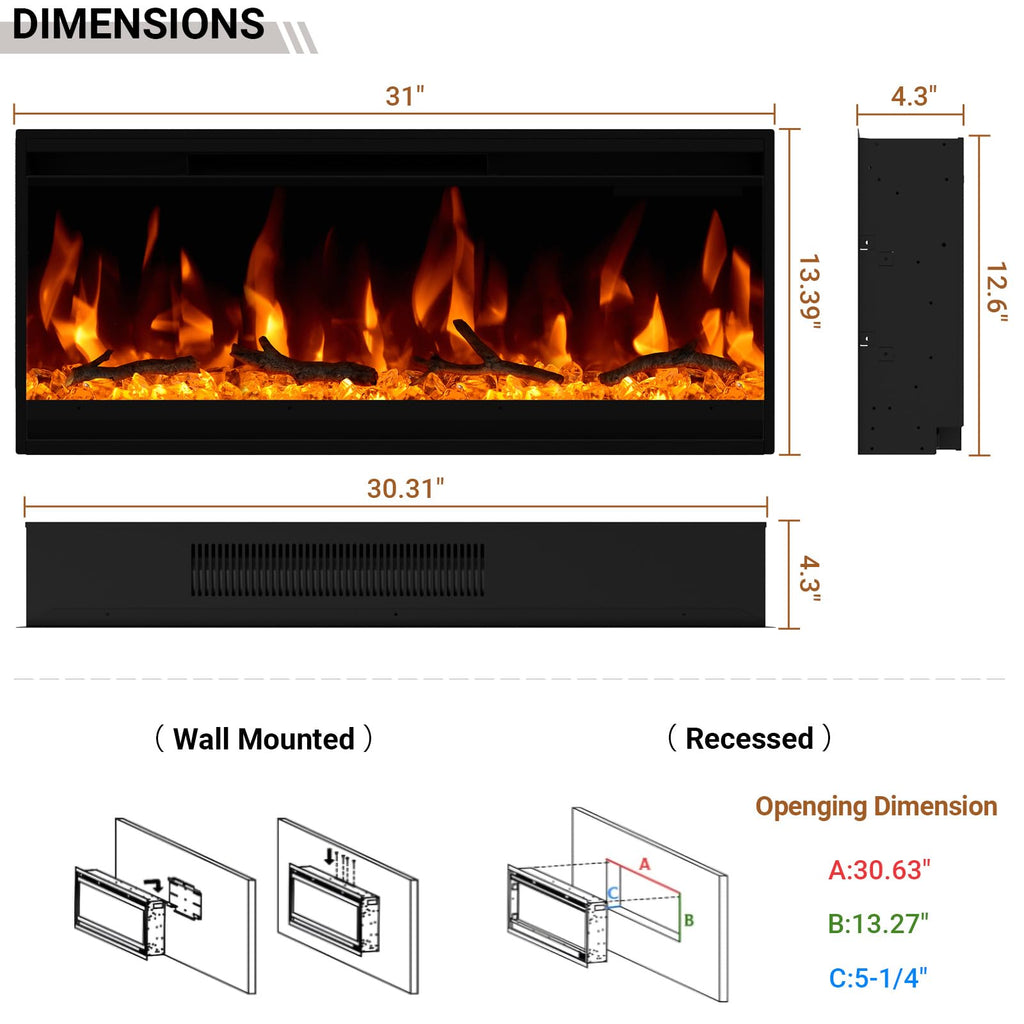 30 inch Electric Fireplace, 4.3" Ultra-Thin Electric Fireplace Inserts, Ultra-Narrow Frame, Wall Mounted and Recessed