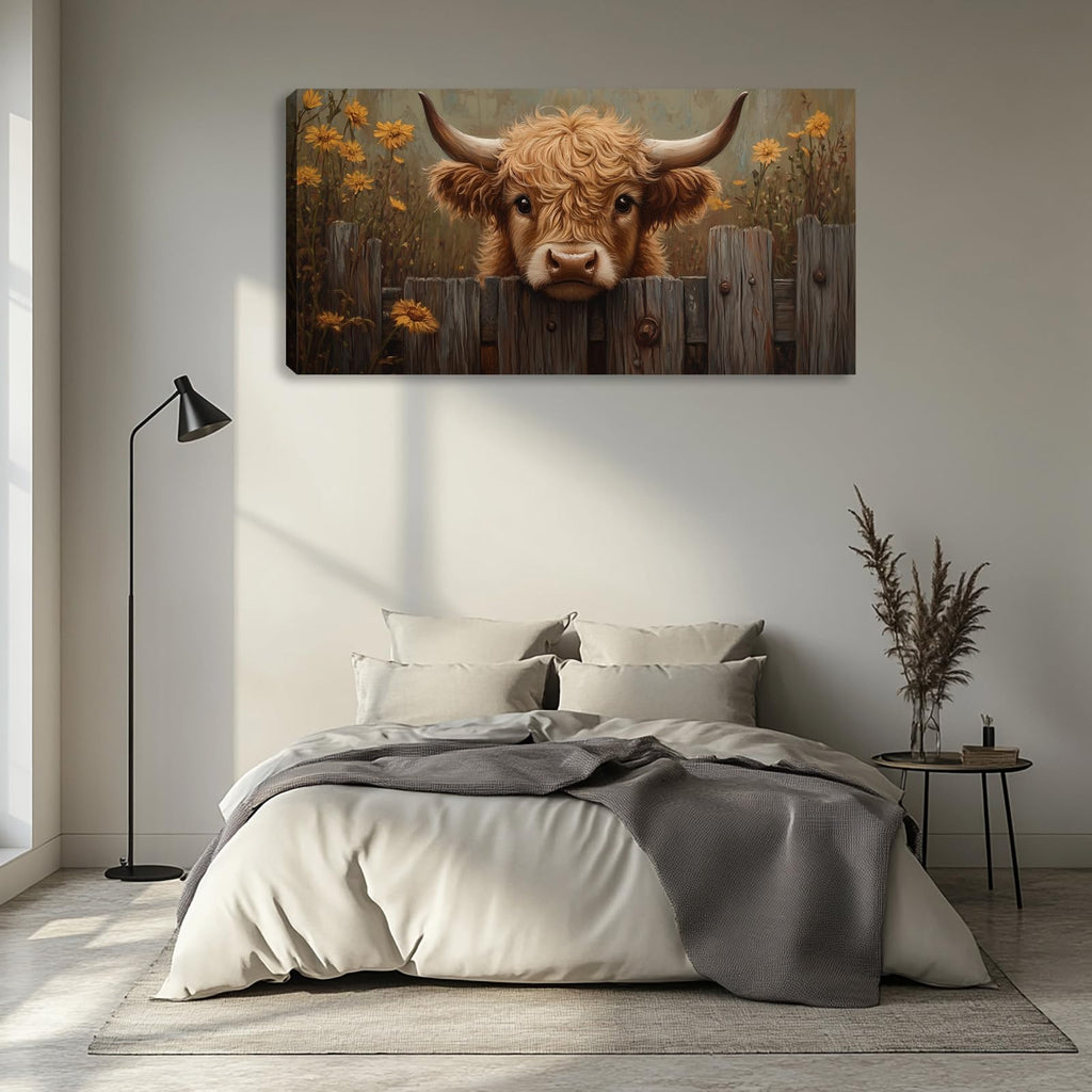 Highland Cow Wall Art Wildflower Canvas Painting Prints Rustic Retro Highland Cattle Wall Decor Artwork Farmhouse