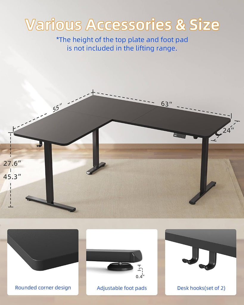 L Shaped Standing Desk Adjustable Height, 63 x 55 Inches Electric Corner Standing Desk, Black