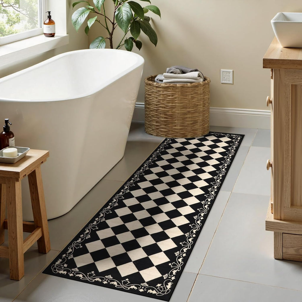 Checkered Bathroom Runner Rug, Black and White Washable Runners s Non Slip, Moroccan Trellis Rug for Besides