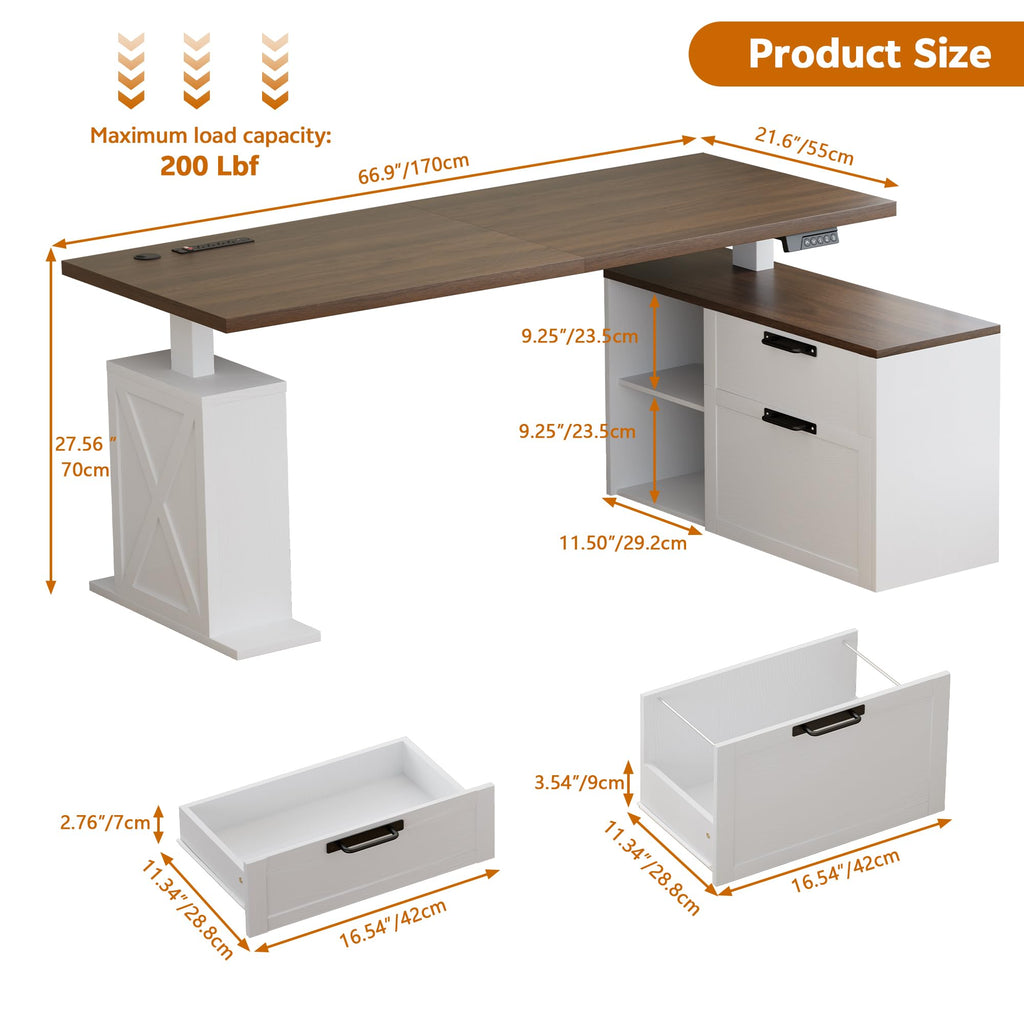 67" L Shaped Standing Desk with Drawers Electric Corner Desk White