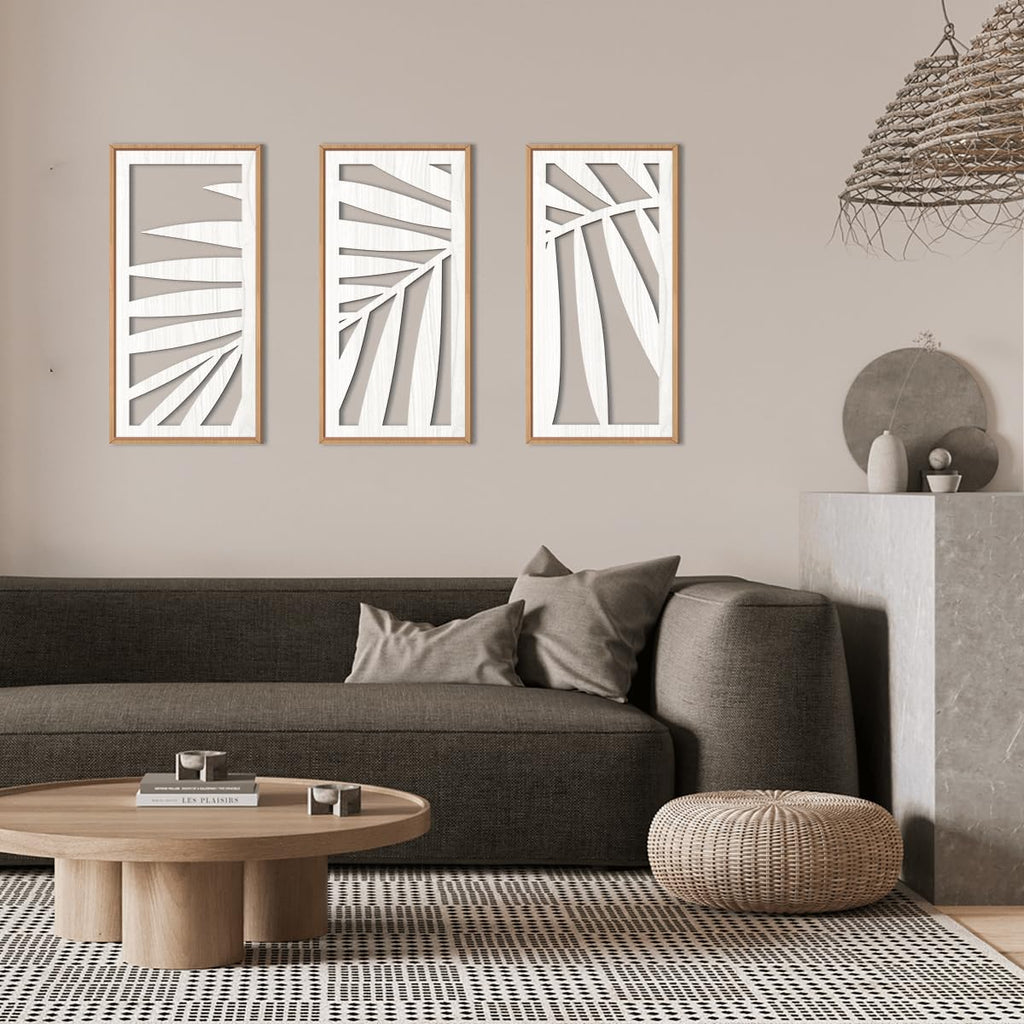 Tropical Palm Tree Leaf Wood Wall Art White Framed 8x16 Inch Set of 3 Hawaii Plant Leaves Wooden Wall Decor