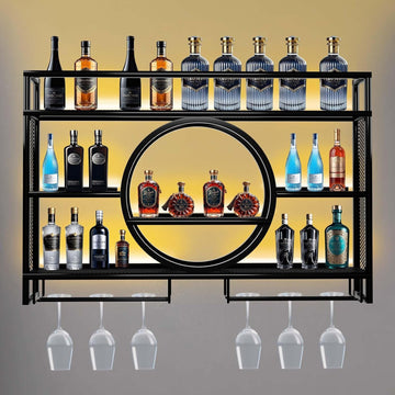 Wine Rack Wall Mounted with LED Light,Bar Liquor Shelf,Black,100*80*15 | Metal,3-Tier,Wine Glass Holder,Modern,Home