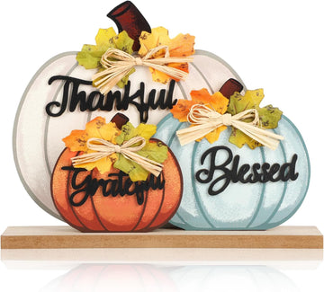 Fall Pumpkin Decor Wooden Table Sign Thankful Blessed Grateful Tabletop for Autumn Farmhouse Vintage - Set of 3