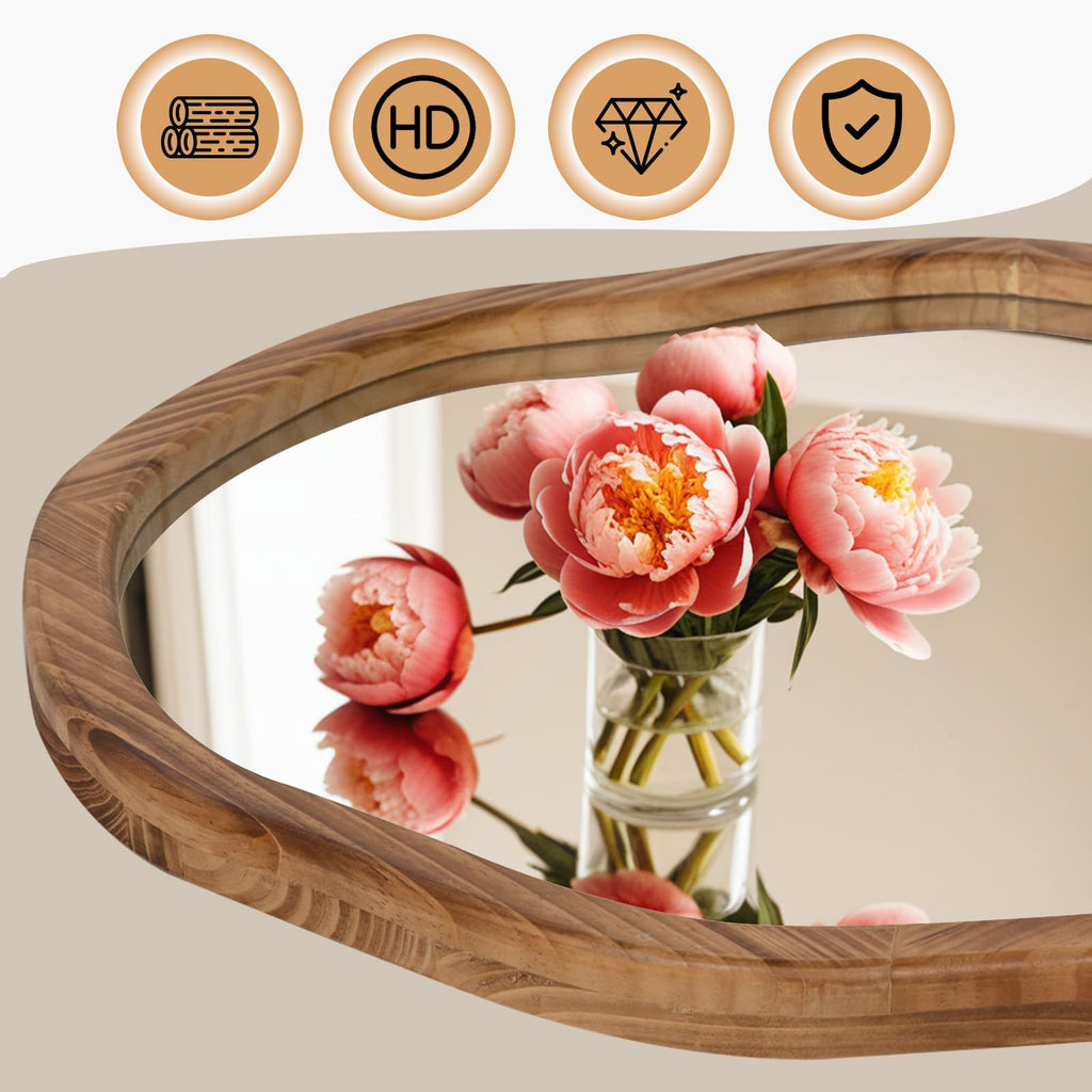 Irregular Round Wood Mirror 24 Inch, Rustic Brown Wall Mirror
