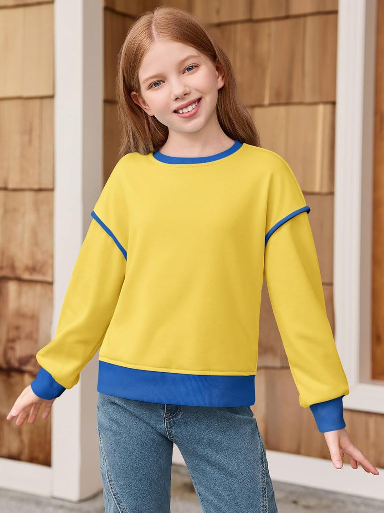 Girls Casual Crewneck Sweatshirts Long Sleeve Color Block Loose Fit Fall Cute Pullover Tops