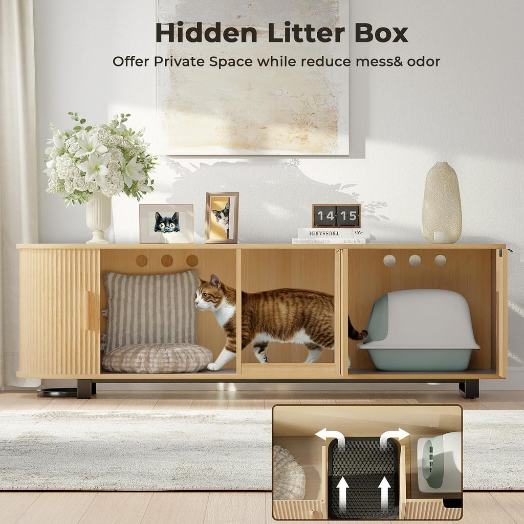 62'' Cat Litter Box Enclosure with Sliding Tambour Door, Fluted Litter Box Enclosure Furniture Hidden Litter Box