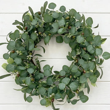 24 Inch Eucalyptus Wreath for Front Door, Large Artificial Greenery Wreaths with Olive Leaves and Berries, Farmhouse